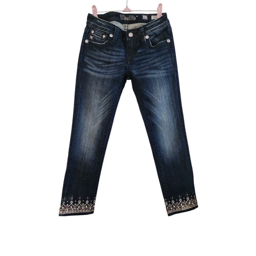 Miss Me Signature Boot Jeans Girls Size 12 Dark Wash Sequin Embroidered Bling